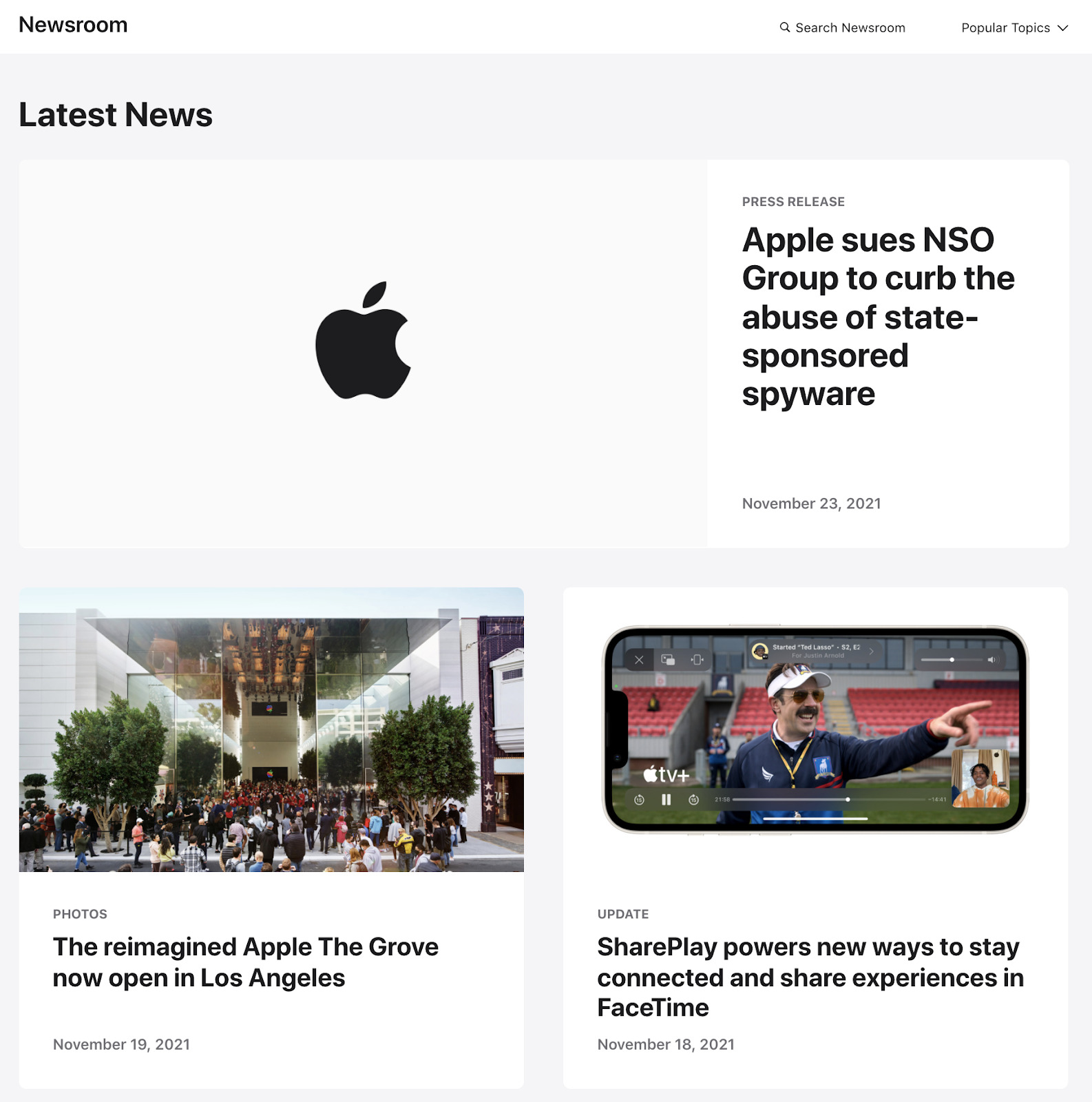 Newsroom section on Apple's webpage