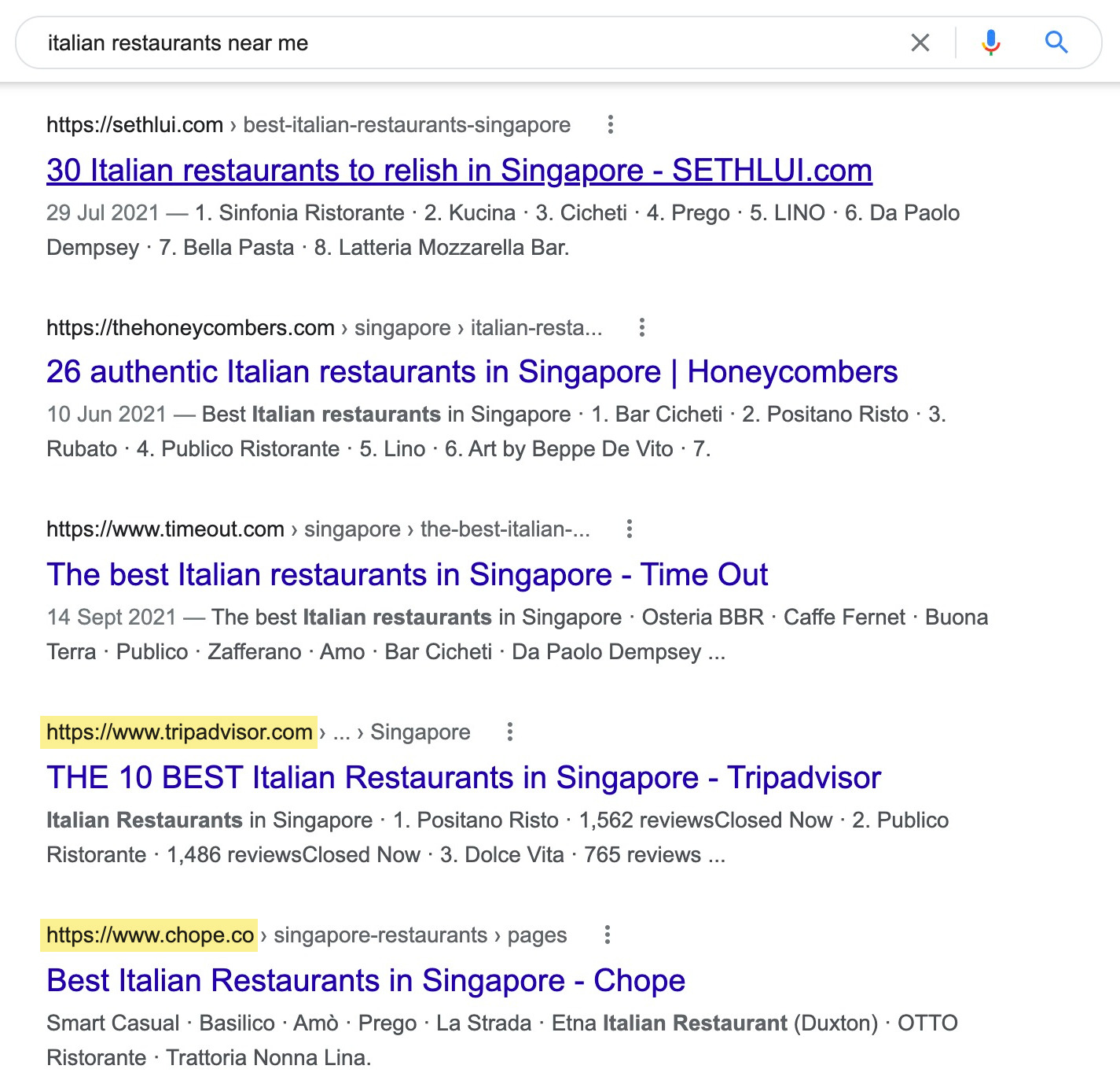Google SERP of "italian restaurants near me"