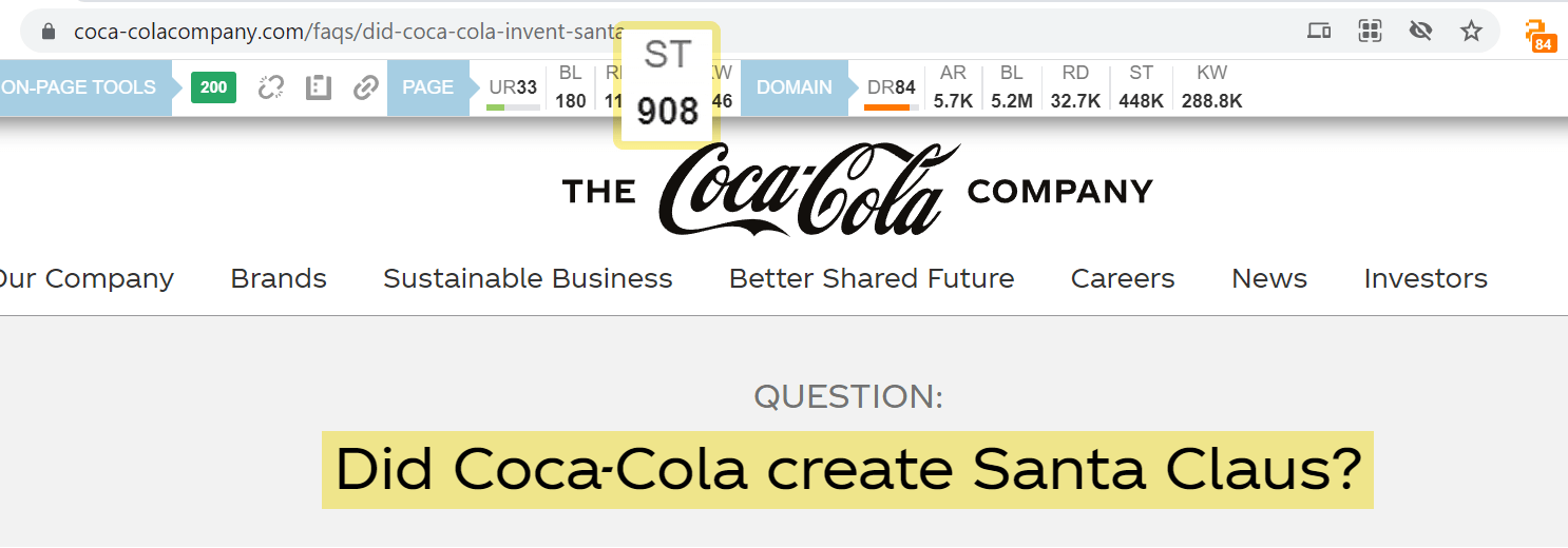 SEO Toolbar data at top of “Did Coca-Cola create Santa Claus?” page