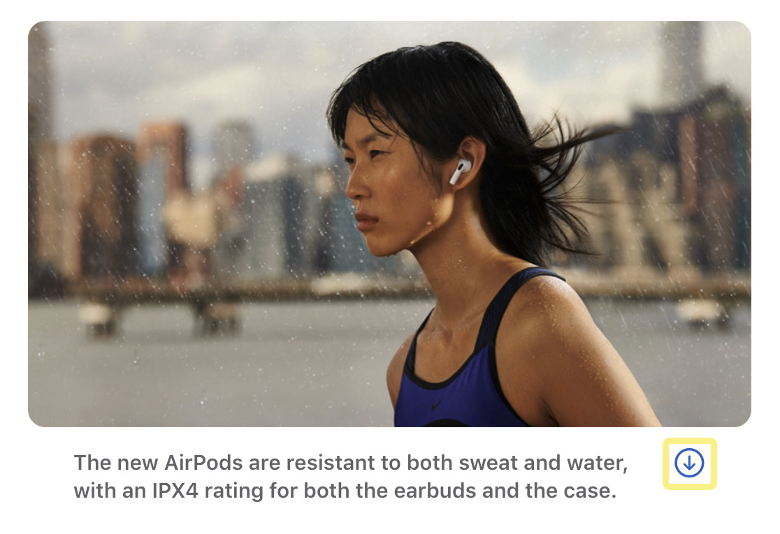 Image of girl running with AirPods. Download button at bottom-left corner