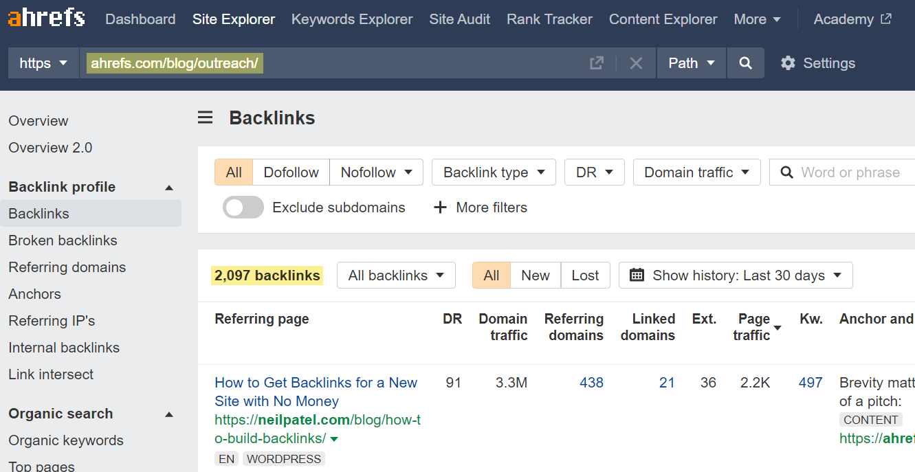 Backlinks report of Tim's "outreach" blog post