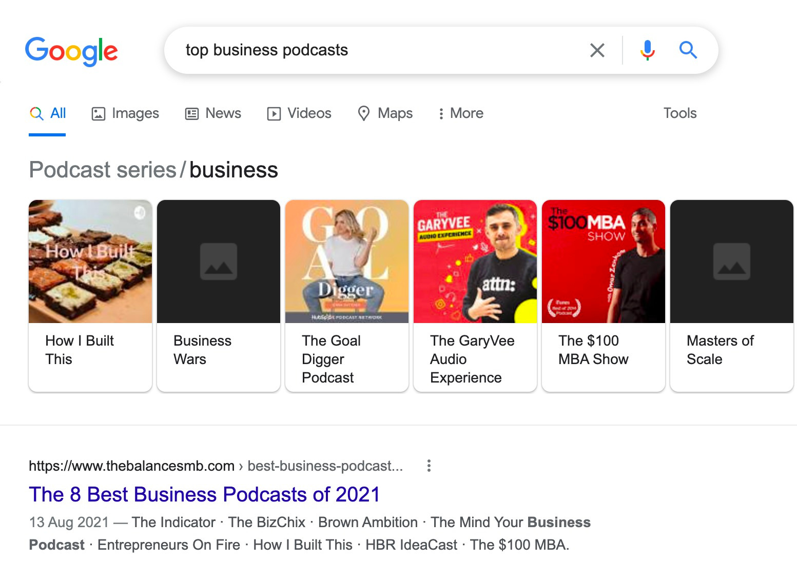 Google results showing the best business podcasts