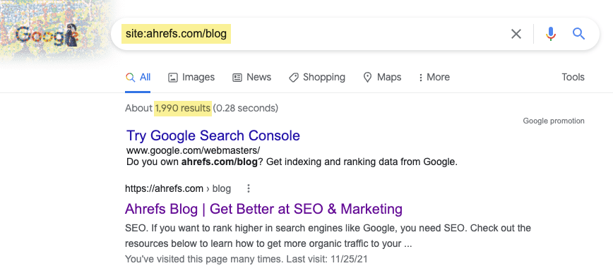 Google SERP of Ahrefs' blog. Shows 1,990 pages indexed in Google