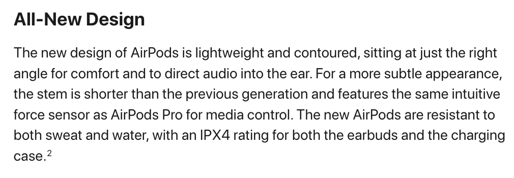 Excerpt of Apple press release about AirPods' new design 