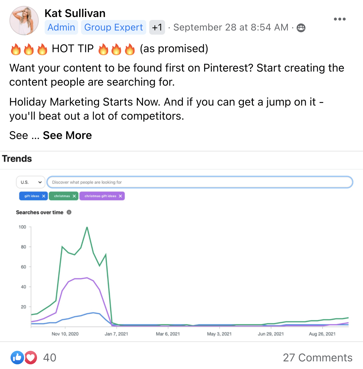 Kat's FB post about creating content people search for