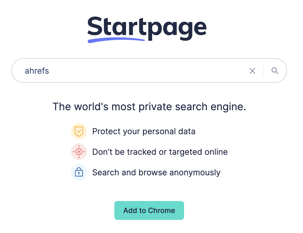 Startpage's homepage. Search term 