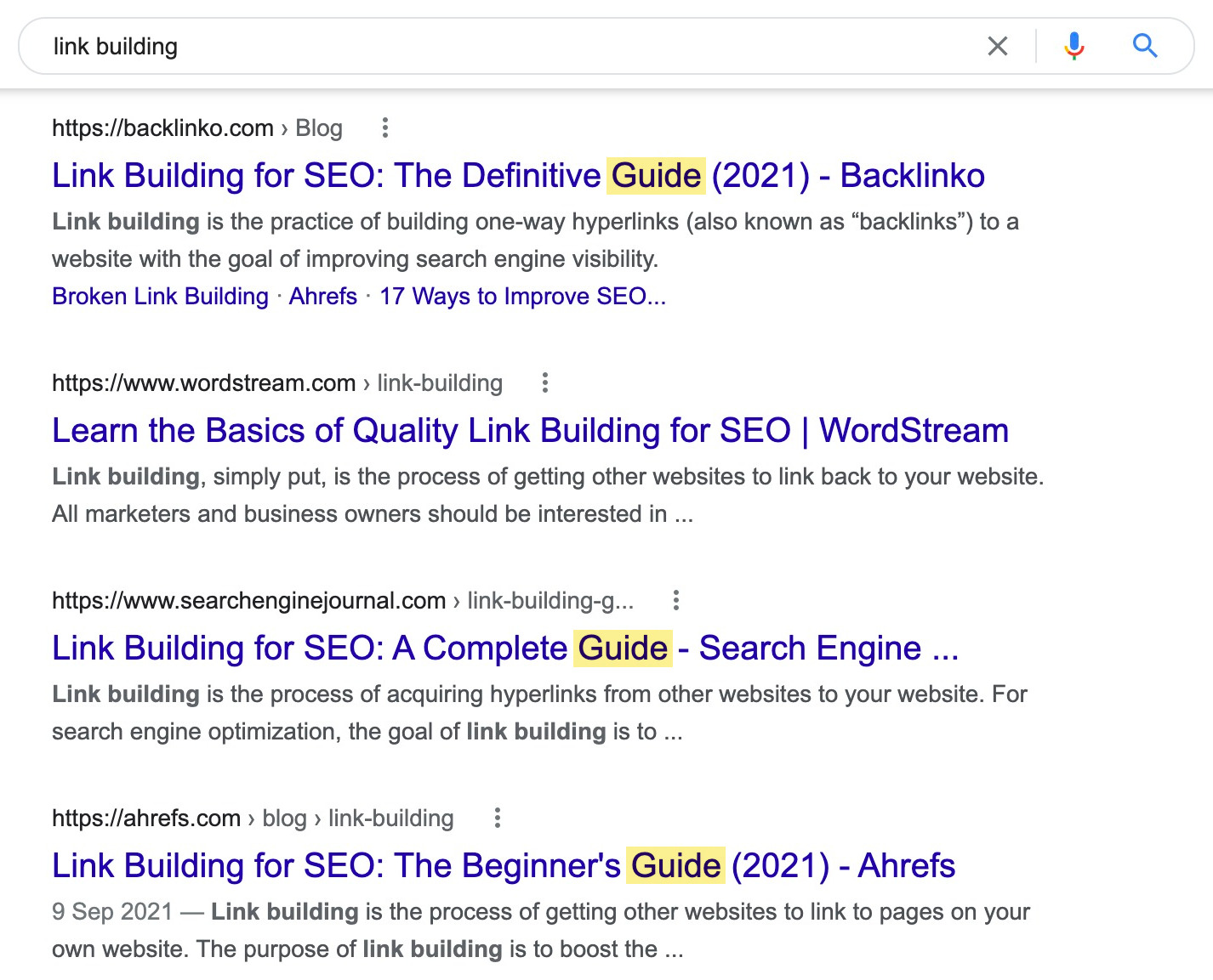 Google SERP of "link building" 