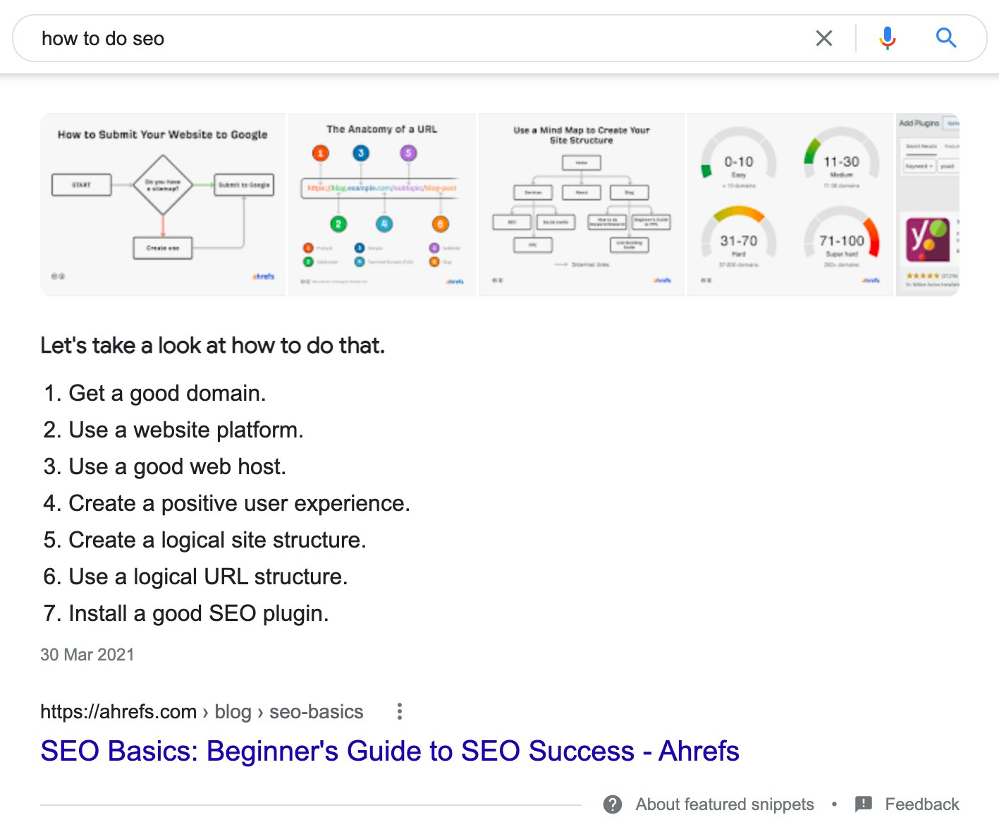 Ahrefs' featured snippet on Google SERP of "how to do seo"