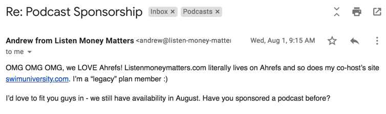 Email about a podcast sponsorship request