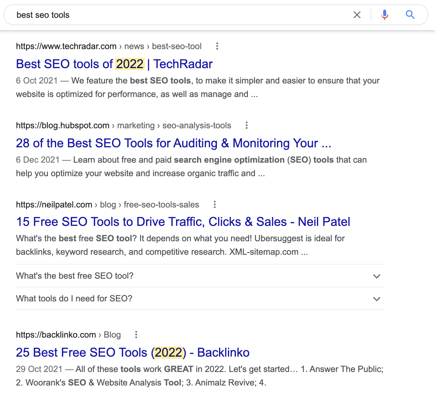 Google SERP'i "en iyi seo araçları"