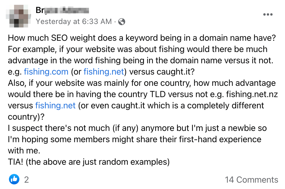 Group member's FB post asking about adding keyword to domain name and the SEO impact of that