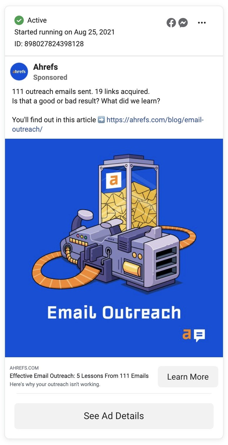 Ahrefs-Anzeige, die den Artikel "E-Mail-Erreichbarkeit" bewirbt
