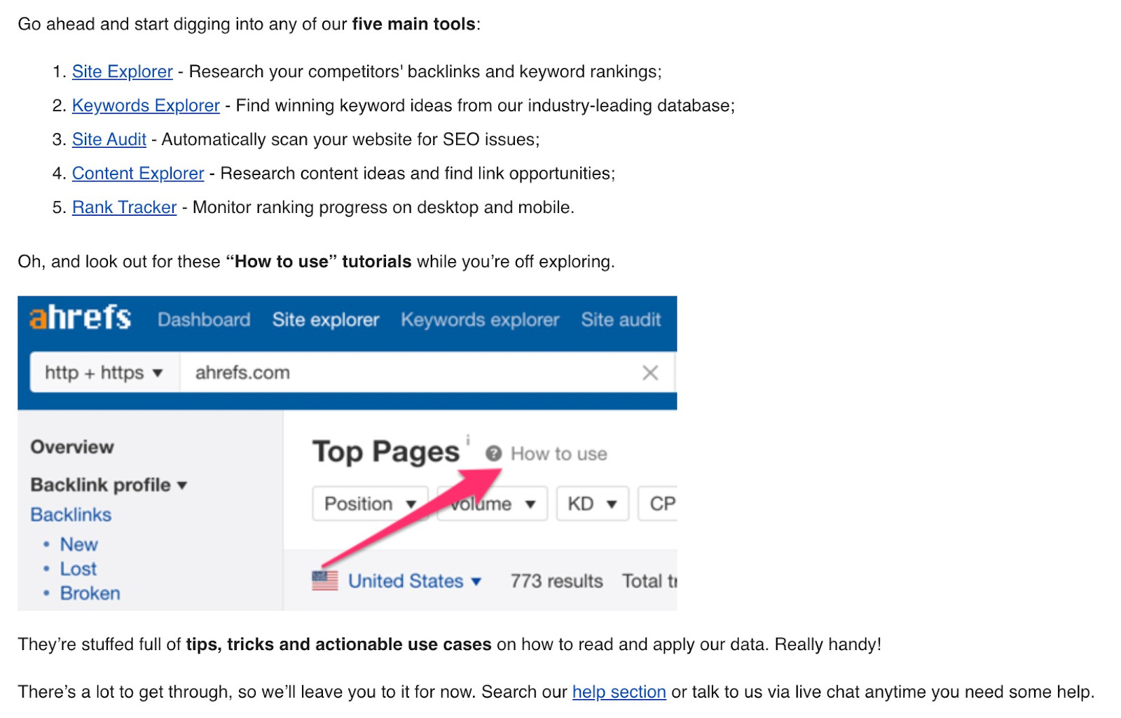 Excerpt of Ahrefs' email with information on how to use its tools 