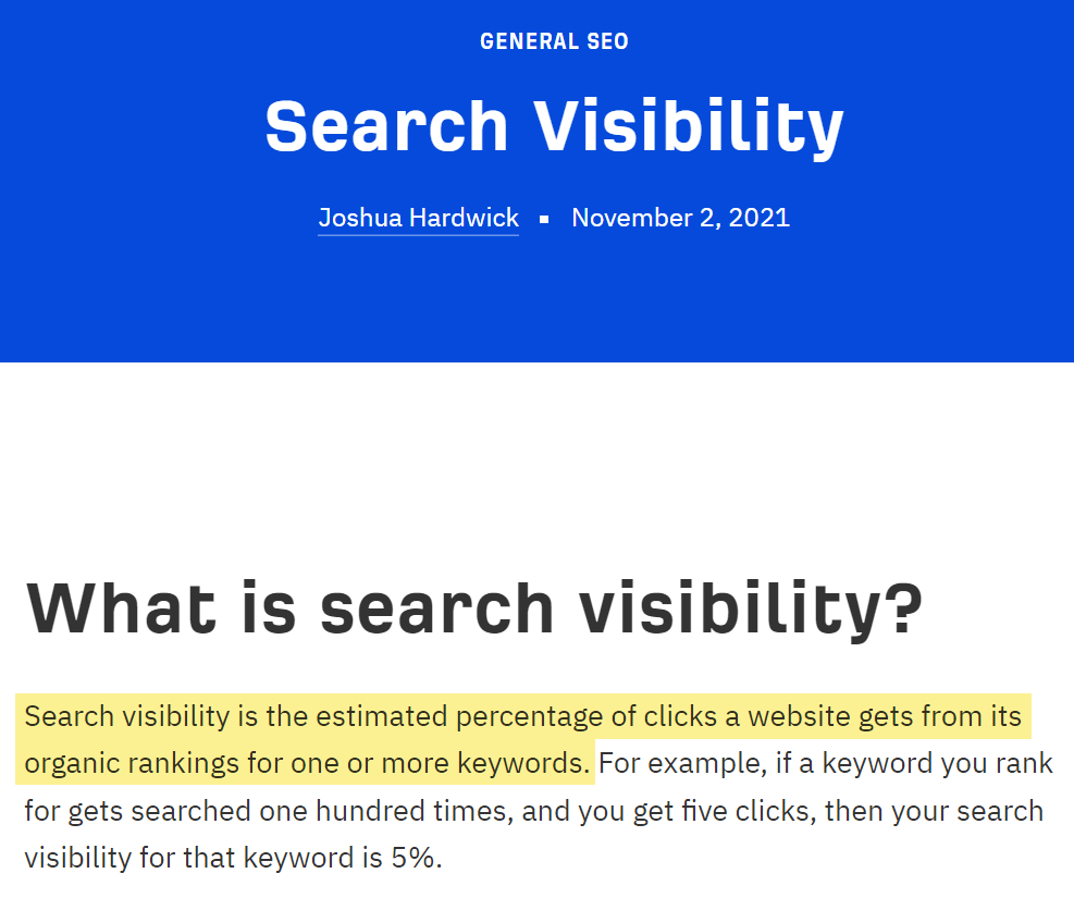 Excerpt of blog article providing definition of search visibility in first paragraph