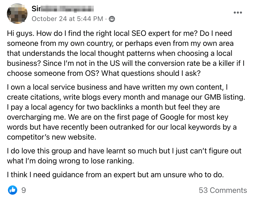 Group member's FB post about finding the right local SEO expert 