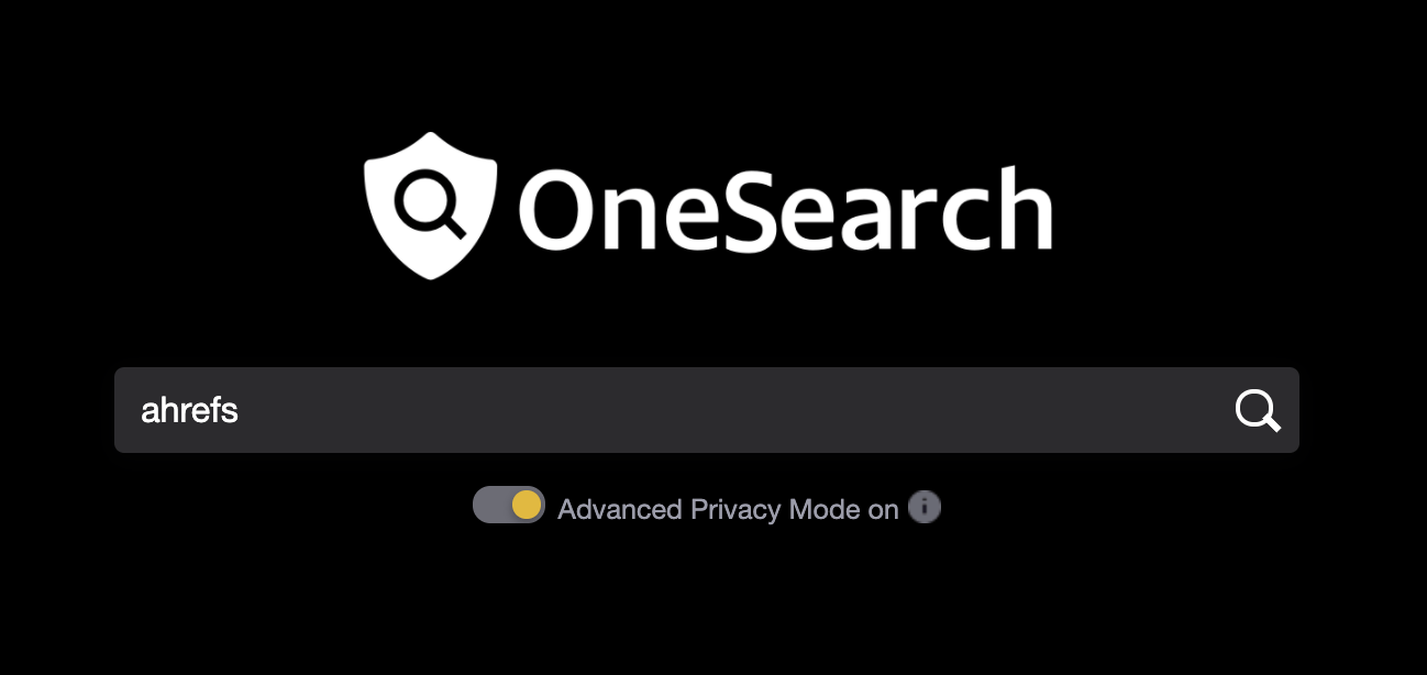 OneSearch's homepage. Search term "ahrefs" in text field