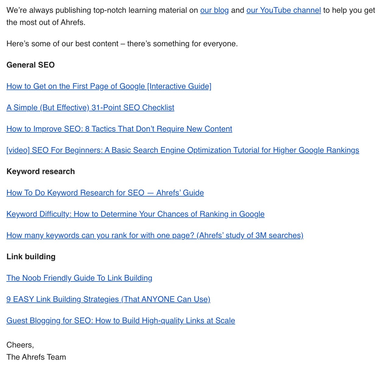 Excerpt of Ahrefs' email containing links to its best content
