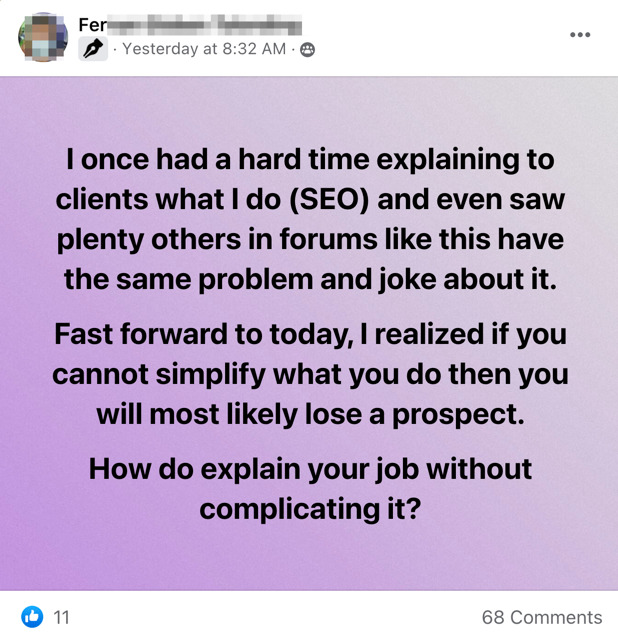 Group member's FB post asking others for a simplified explanation of what SEOs do