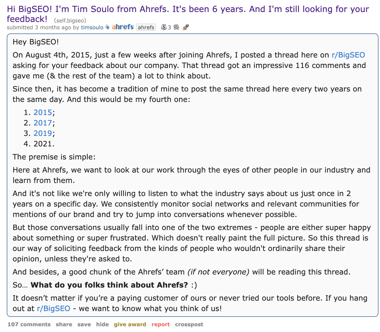 Tim's Reddit post on Big SEO asking for feedback