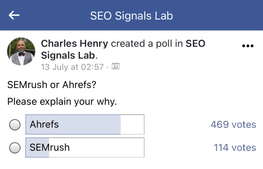 Umfrage auf Facebook, bei der die Leute Ahrefs gegenüber SEMrush bevorzugen 