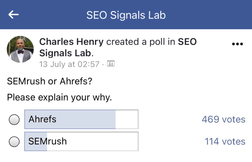 Sondage sur Facebook où les gens préfèrent Ahrefs à SEMrush