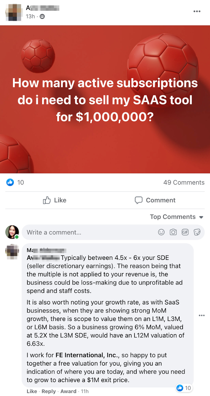 Group member's FB post asking how many subscriptions are required to sell their SaaS tool for $1 million
