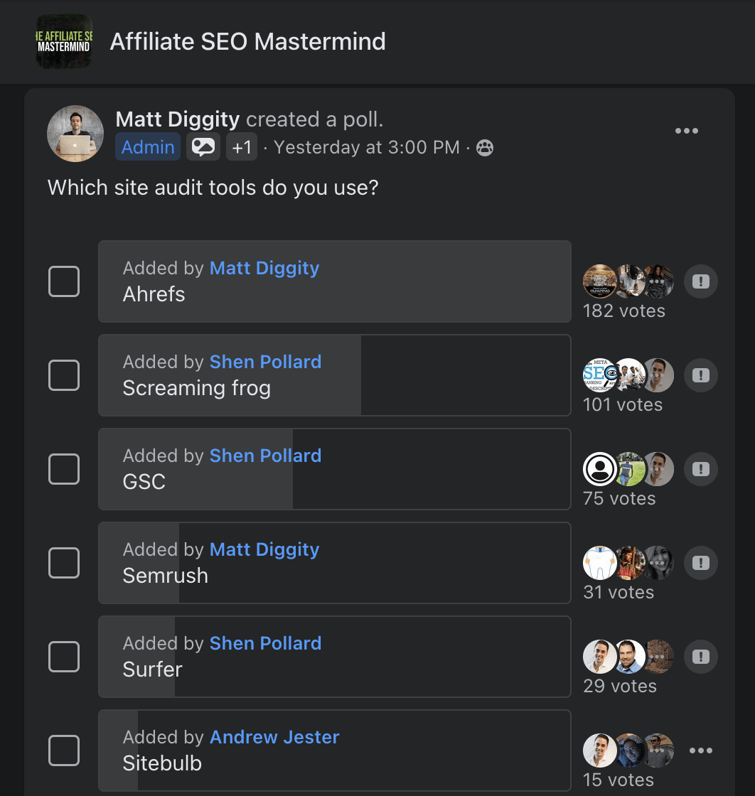 Affiliate SEO Mastermind poll showing most people use Ahrefs' Site Audit 