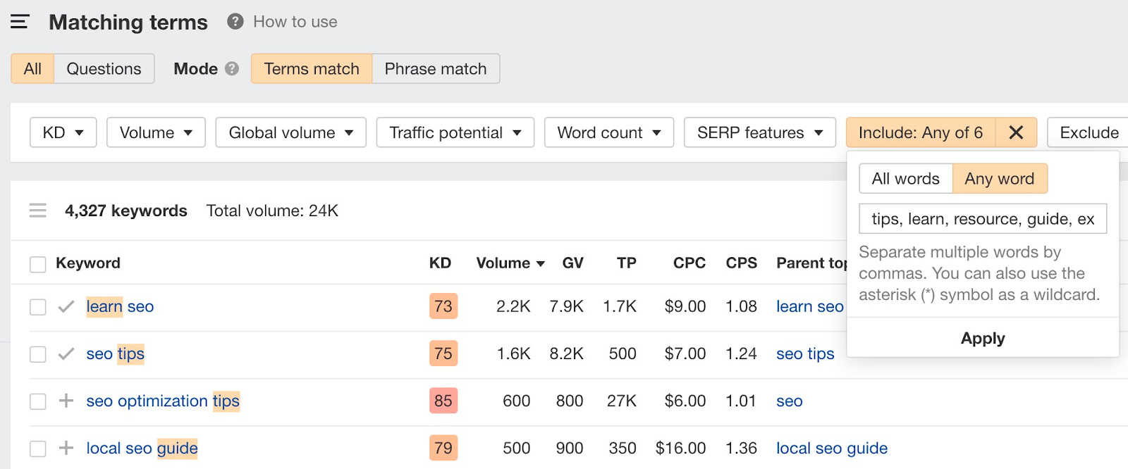 Dropdown text field to add informational modifiers in Matching terms report