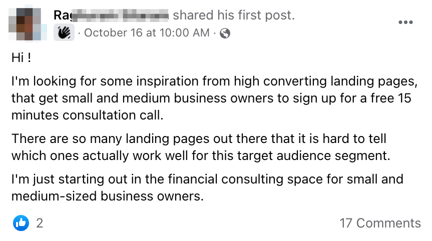 Group member's FB post asking for examples of "high-conversion" landing pages