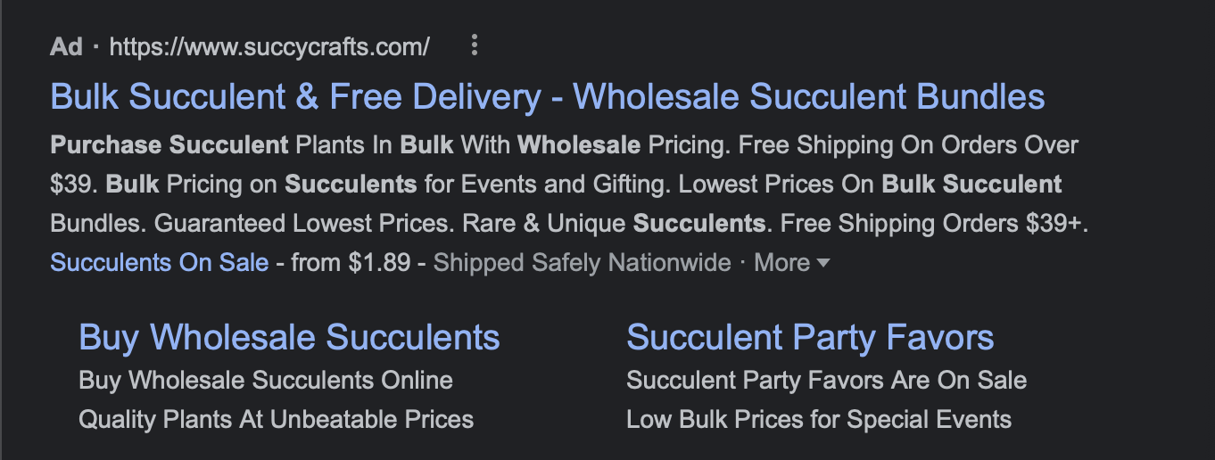 Paid listings on Google SERP of "buy succulents in bulk"