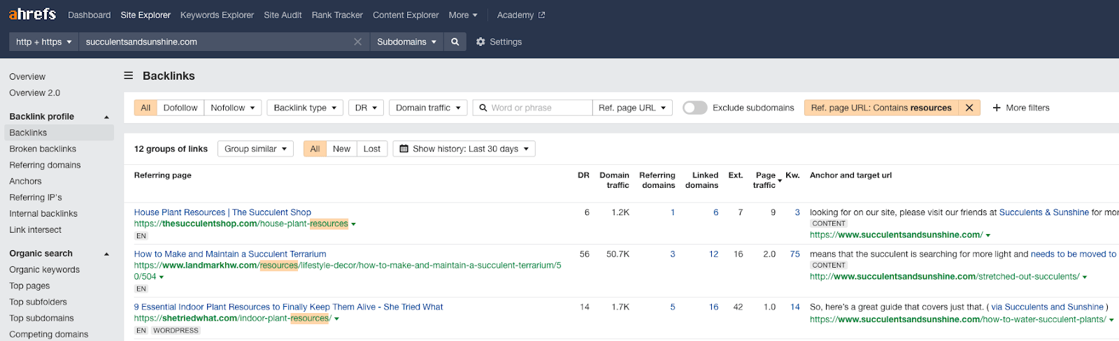 Backlinks report results 