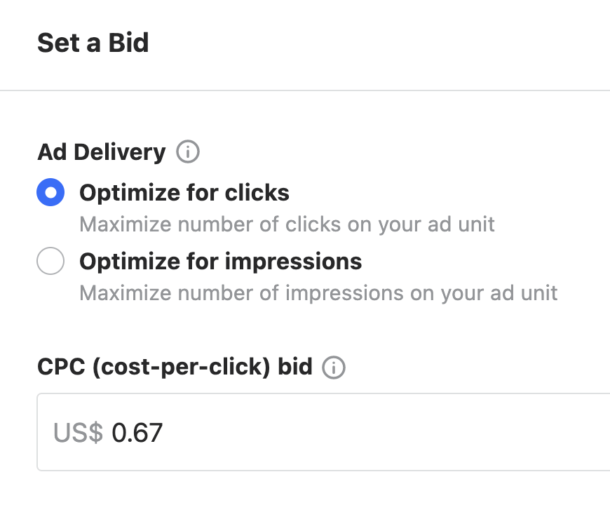 Page to set bid. Shows optimization options and text field to add CPC bid 
