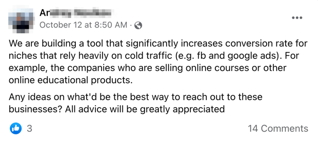 Group member's FB post asking for advice on reaching out to prospects
