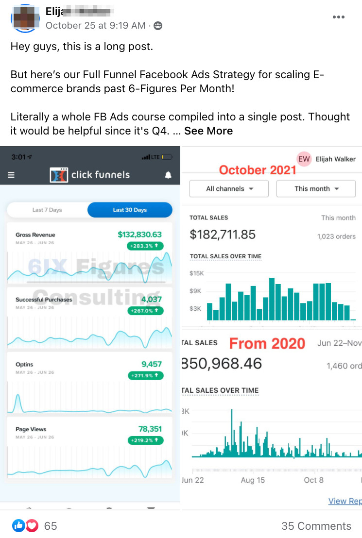Group member's FB post about their "Full Funnel Facebook Ads Strategy" that can help scale e-commerce brands 