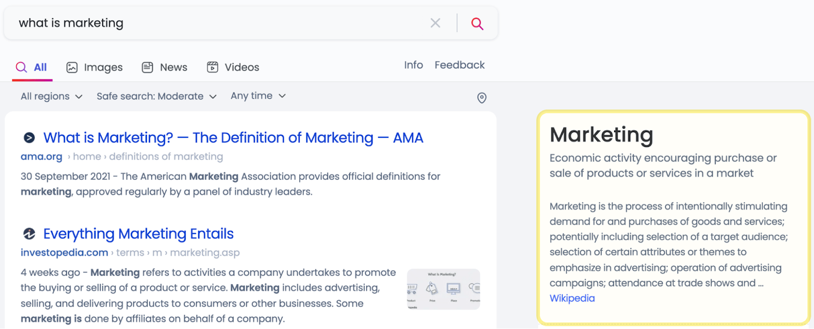 Search results for "marketing." Knowledge panel on the right