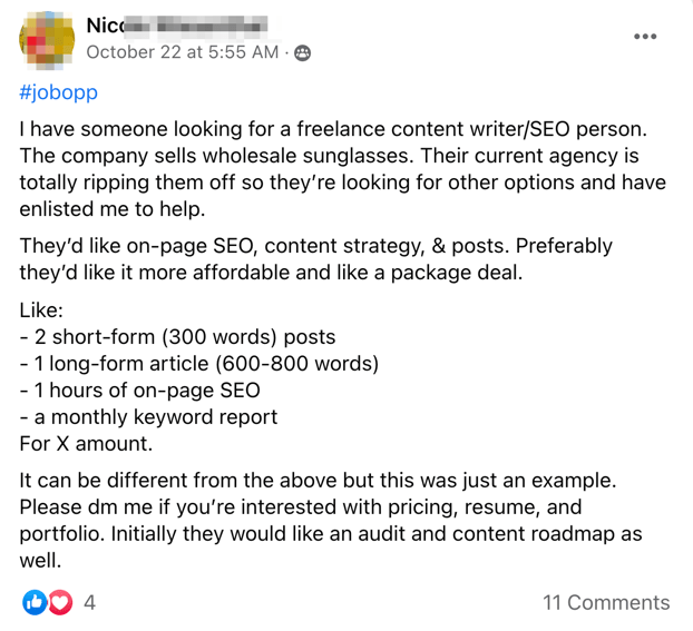 Group member's FB post sharing there's a job opportunity for freelance SEO content writers