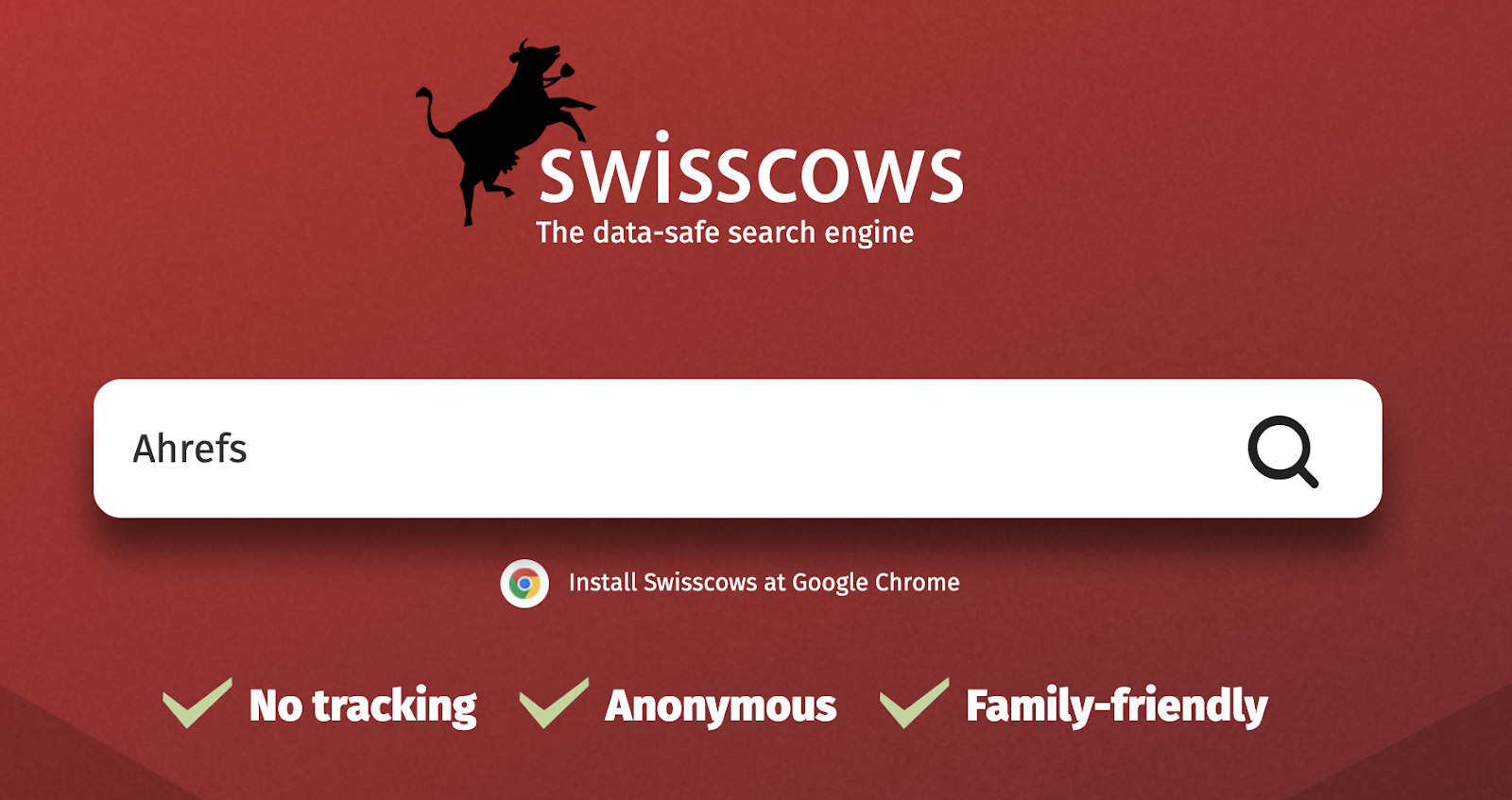Swisscows' homepage. Search term "Ahrefs" in text field
