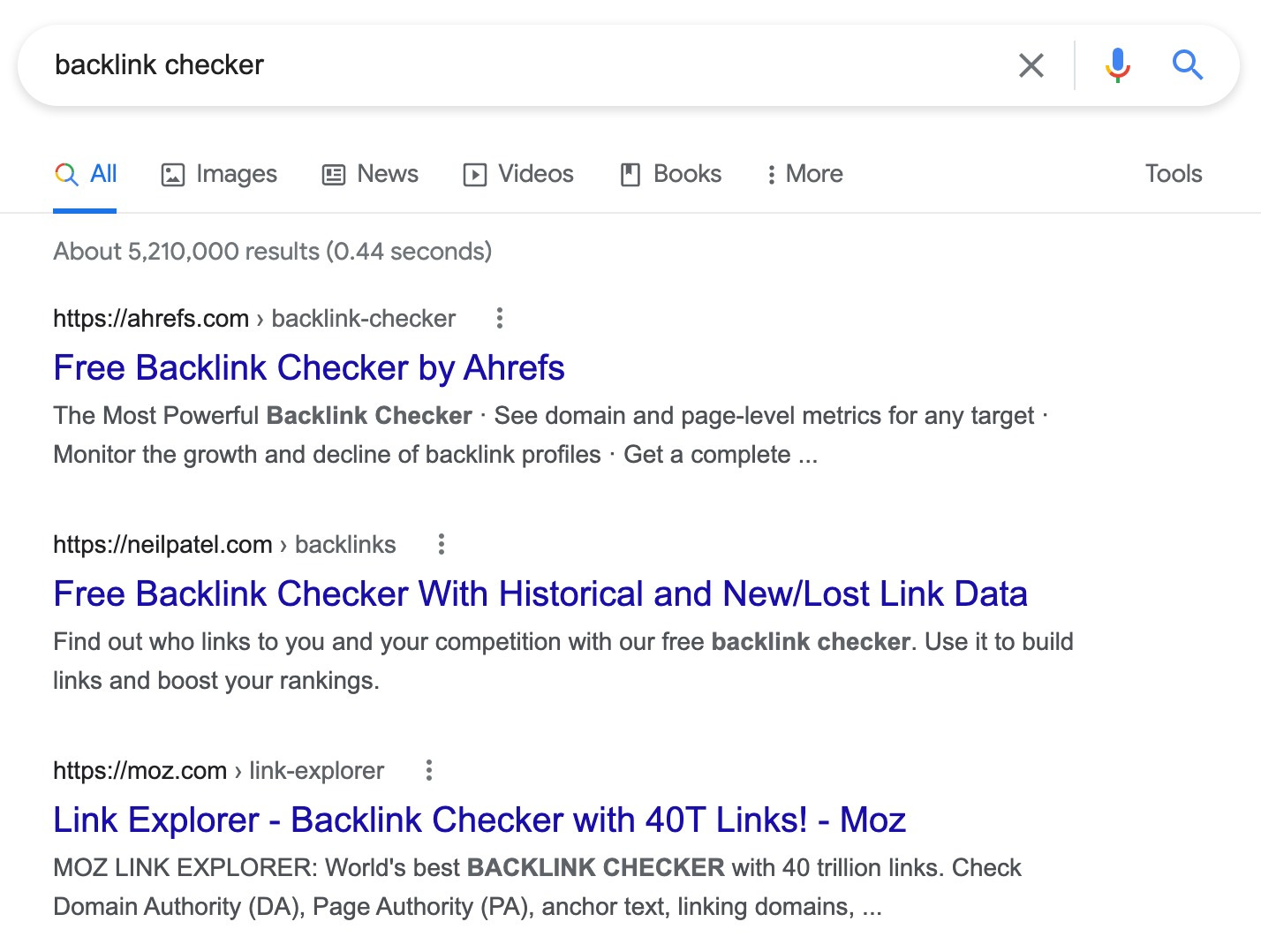 Google SERP of "backlink checker"