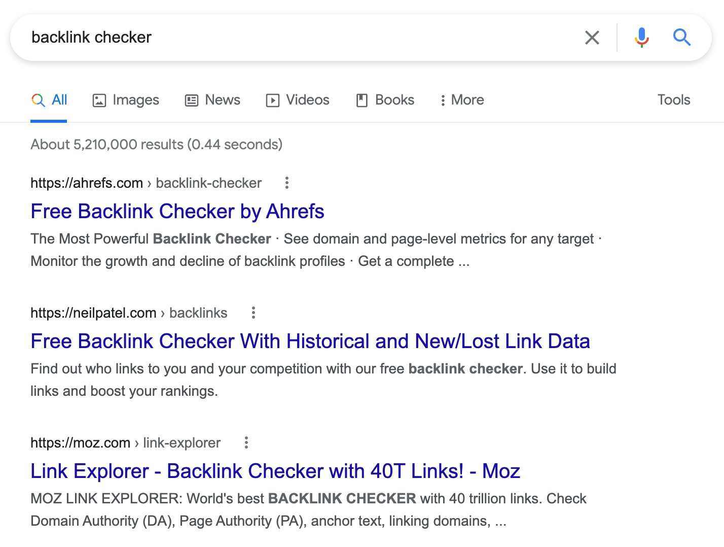 SERP Google de "vérificateur de backlink"