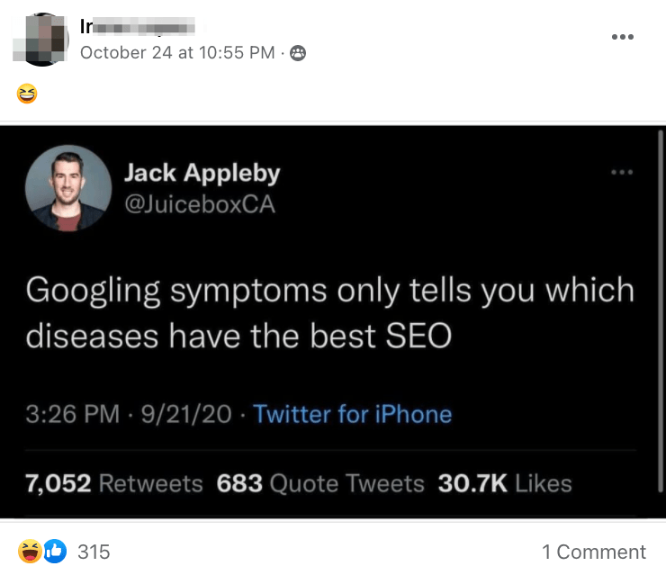Group member's FB post about a light-hearted SEO joke