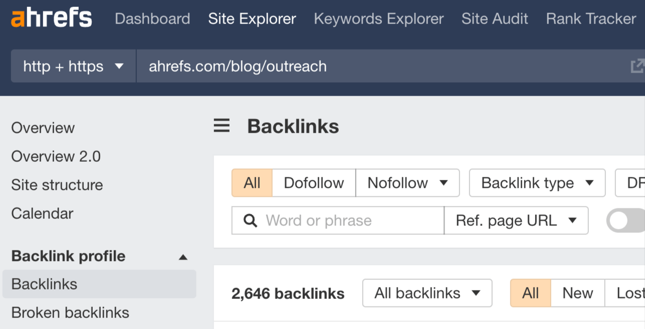 Backlinks report in Ahrefs