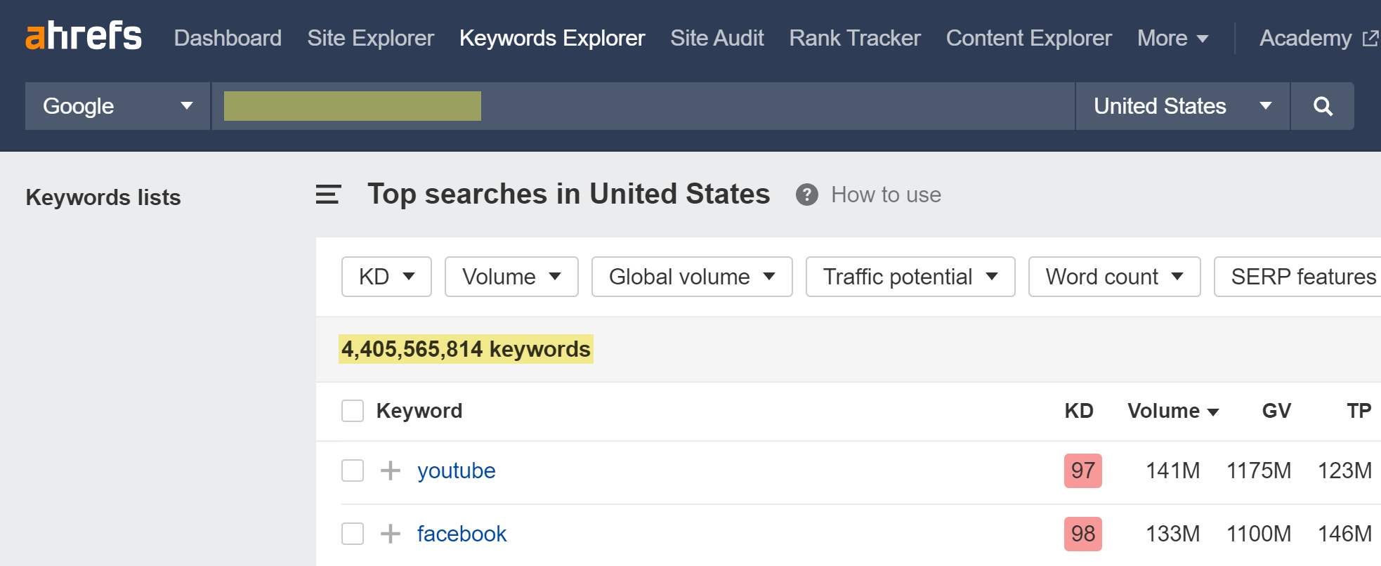 Empty search in Keywords Explorer