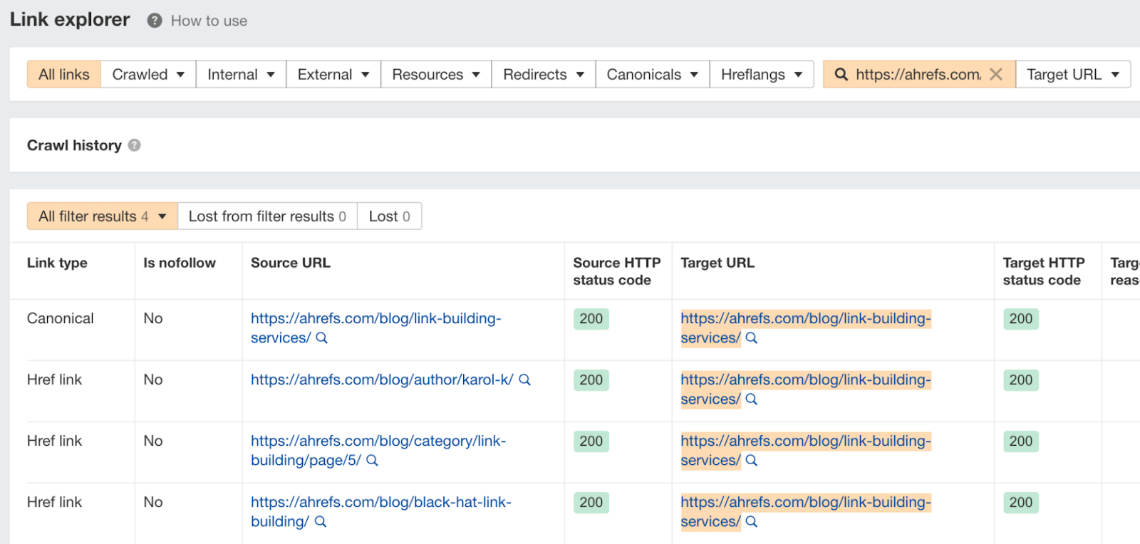 Resultados do relatório do explorador de links