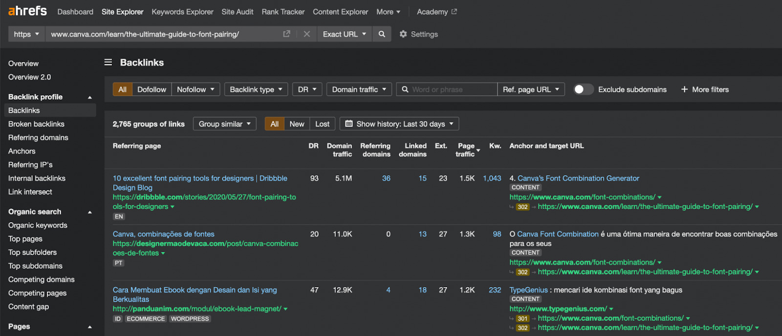 Backlinks report results 