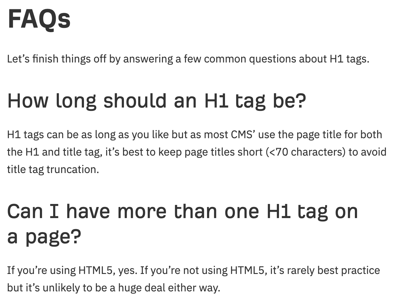 FAQs section in our guide to H1 tags