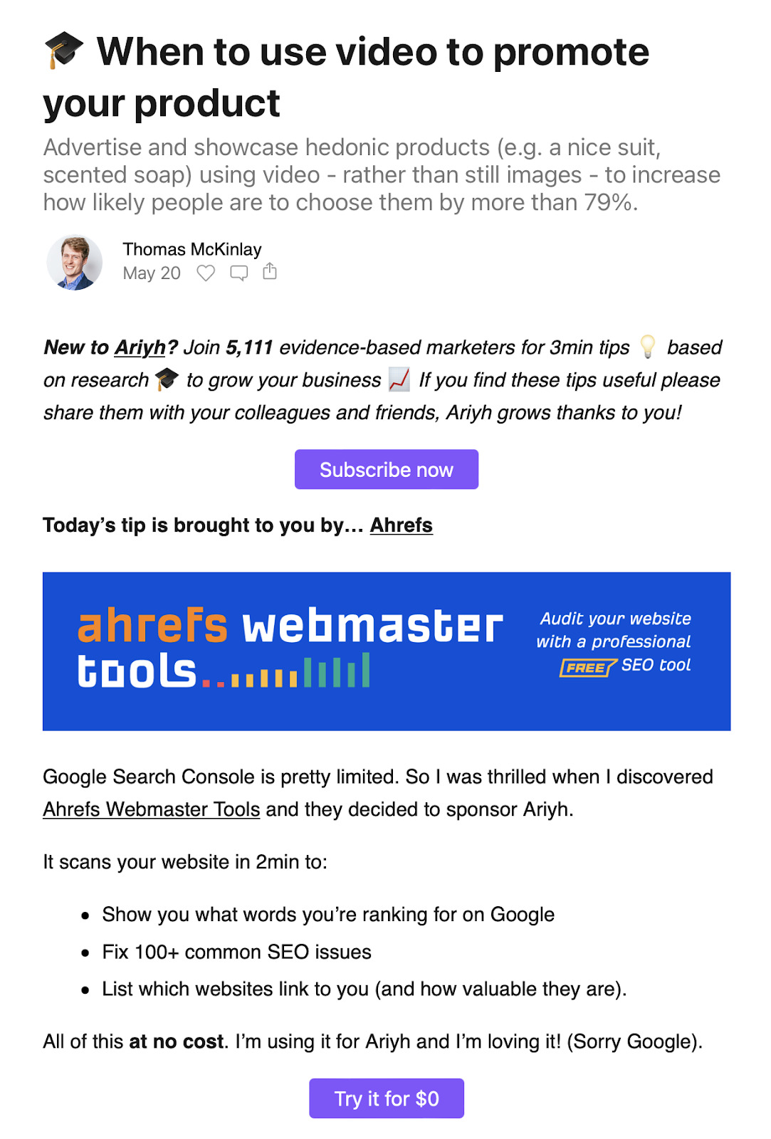 Ahrefs-sponsored content in an influencer's email