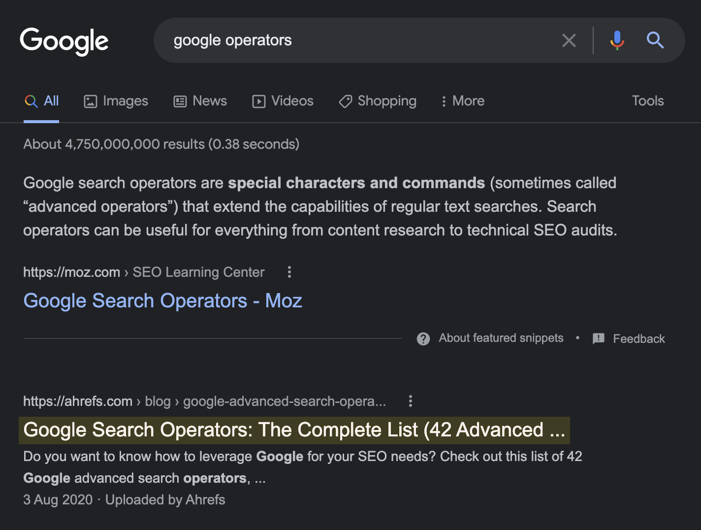 Our ranking position for 'google search operators'