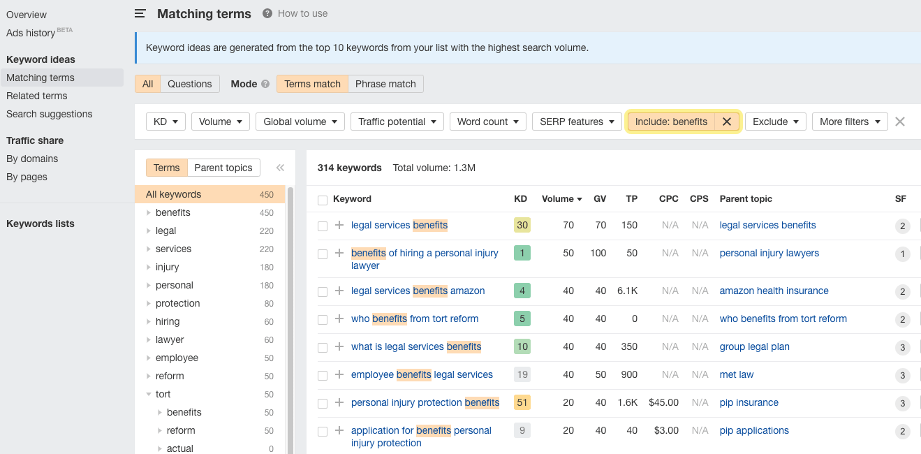 Matching terms report results with "Include" filter applied 