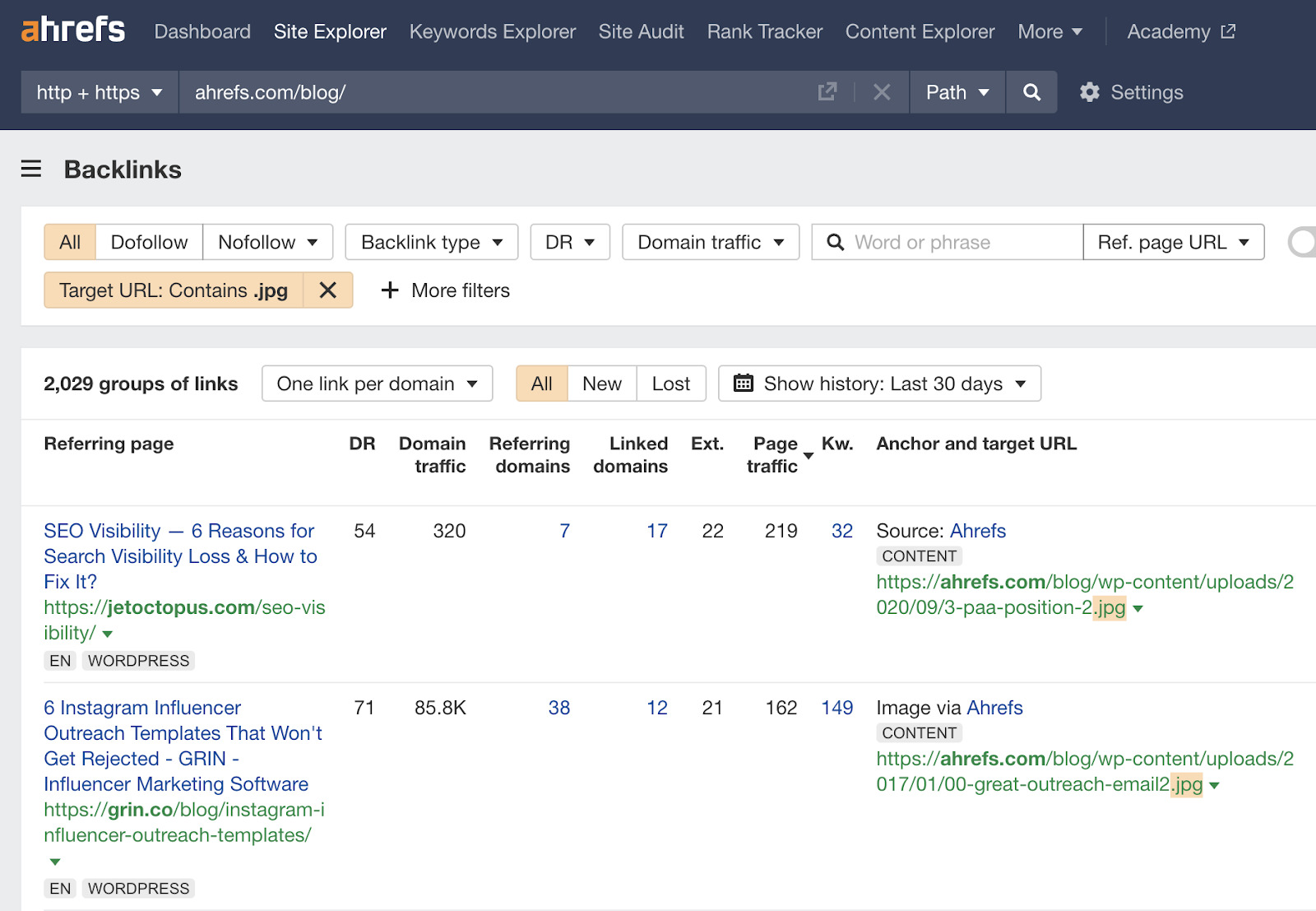 Image file backlinks via Ahrefs' Site Explorer