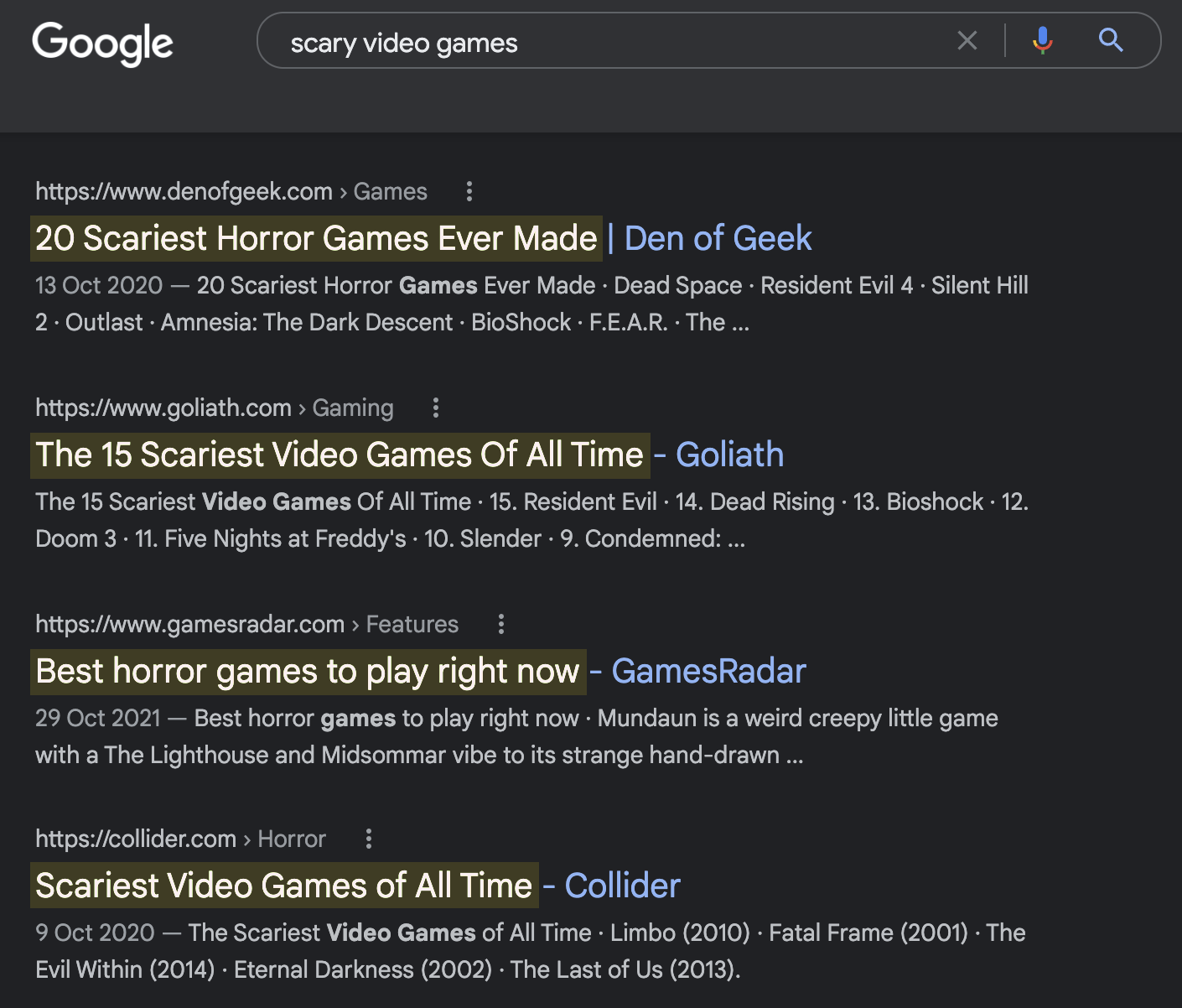 Top-ranking pages for 'scary video games' - which are all listicles